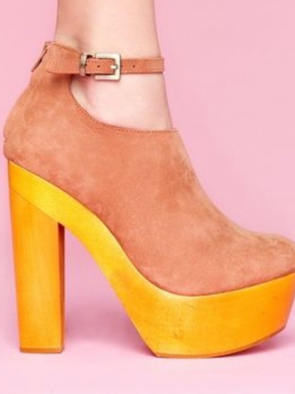 Messika Tan Suede Platform Ankle Strap Heel with Yellow Wood Sole